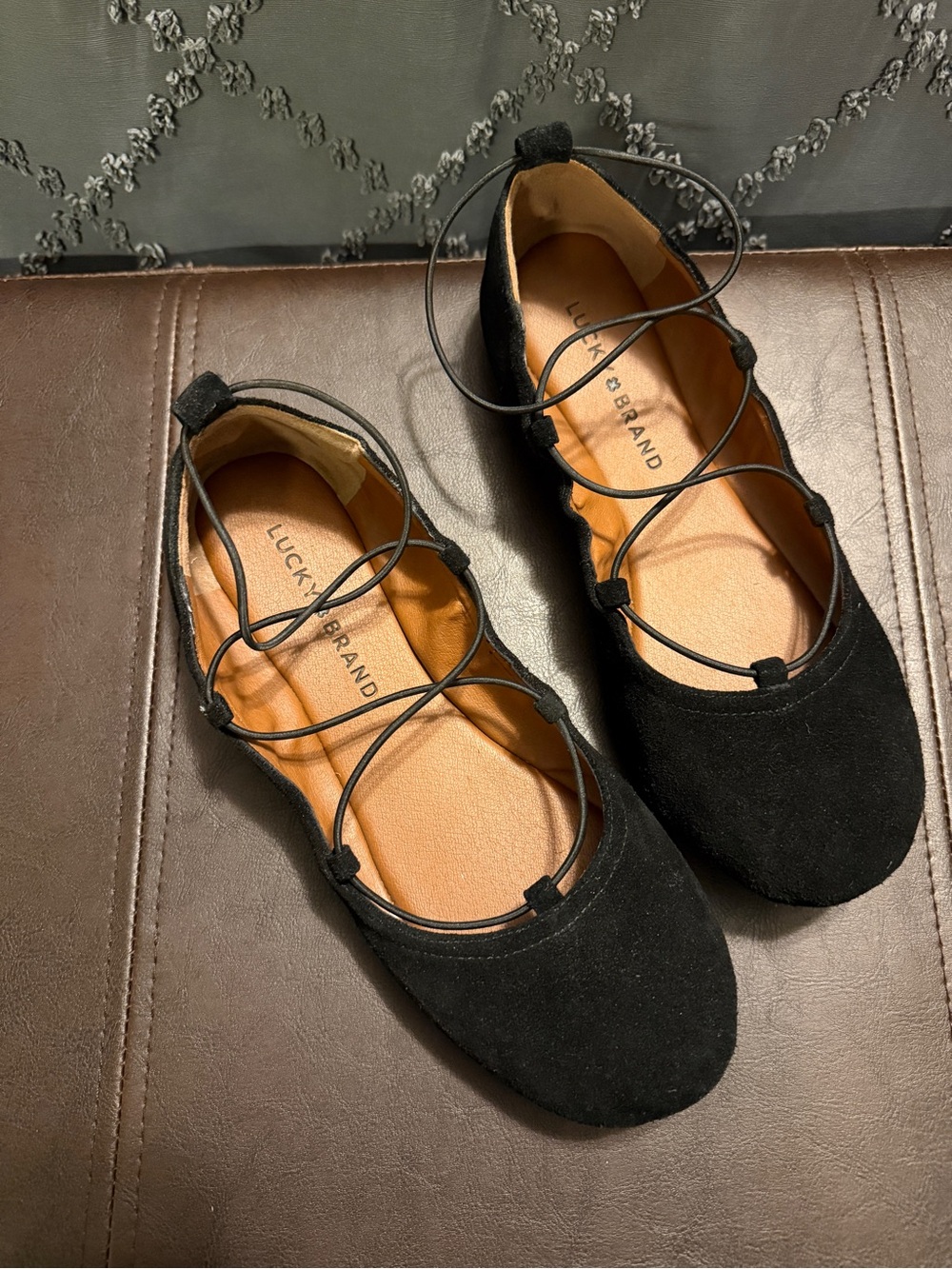 Lucky Brand Black Suede Ballet Flats with Elastic Criss-cross Straps